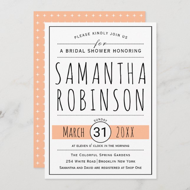 Convite Chá de panela de casamento de pêssego moderno (Frente/Verso)