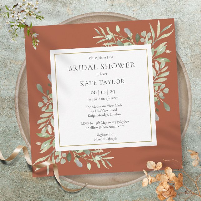Convite Chá de panela de Casamento Elegante Terracotta Gre (Elegant Terracotta Greenery Wedding Bridal Shower Invitation)