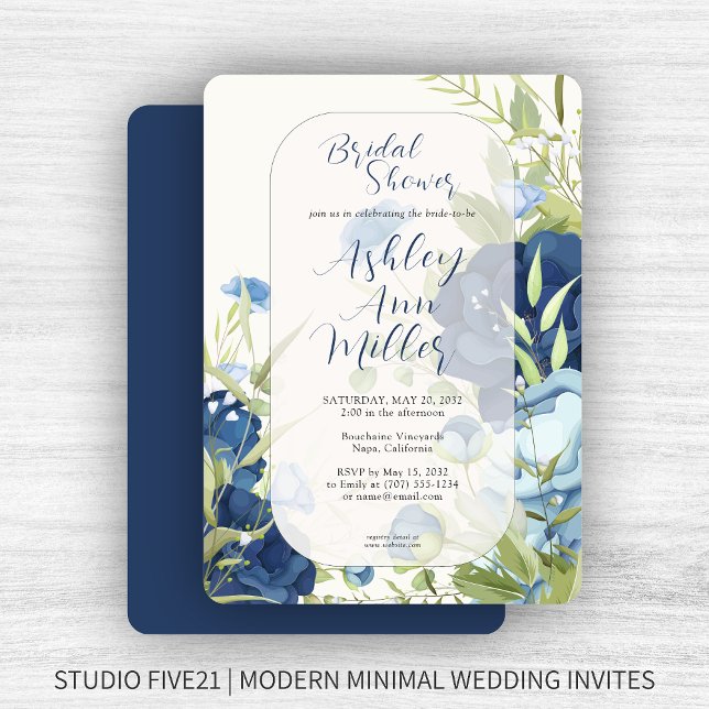 Convite Chá de panela de Casamento Floral Azul Elegante (Criador carregado)