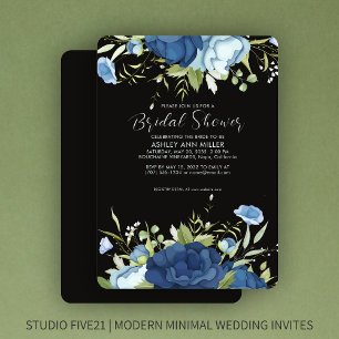 Convite Chá de panela de Casamento Floral Azul Elegante