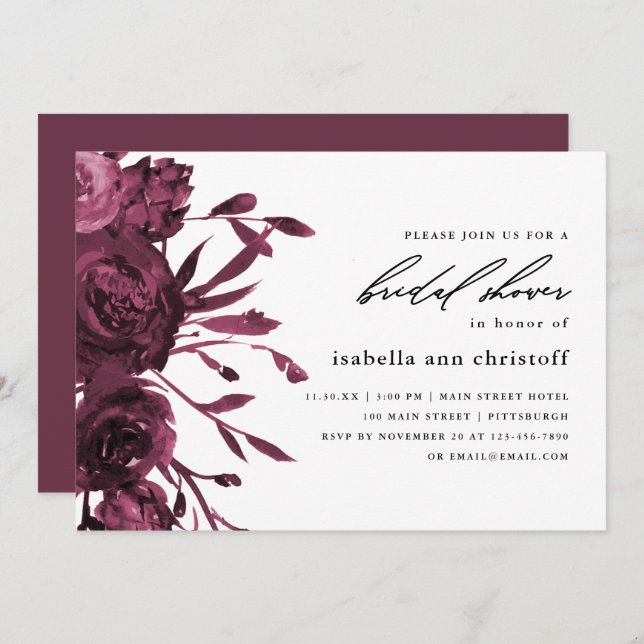 Convite Chá de panela de Casamento Floral Chic Burgundy (Frente/Verso)