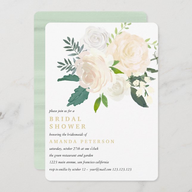 Convite Chá de panela De Casamento Floral De Ivory Buquê (Frente/Verso)