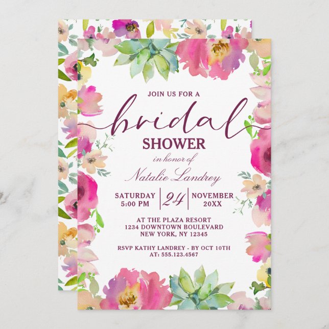 Convite Chá de panela de Casamento Floral Rosa Chic Bloomi (Frente/Verso)