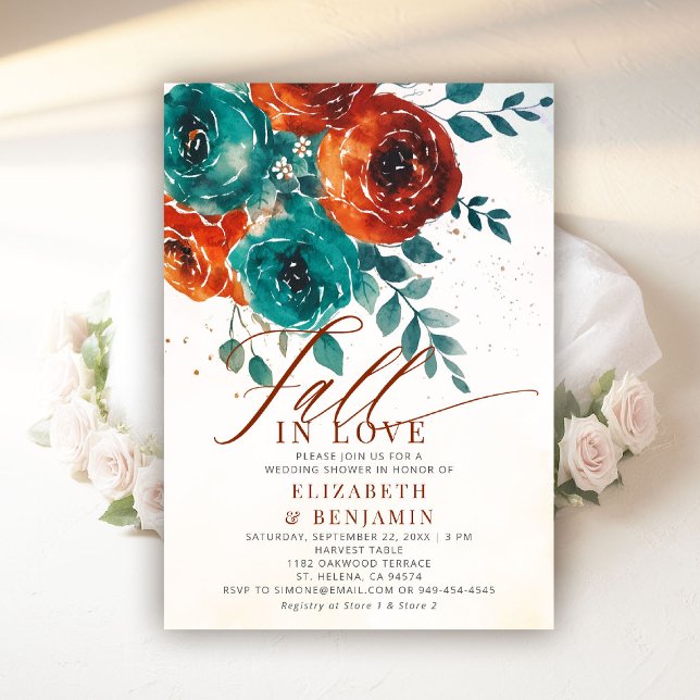 Convite Chá de panela de Casamento Laranja Moderno de Teal (fall in love wedding shower invitation teal burnt orange terracotta watercolor floral elegant rustic)