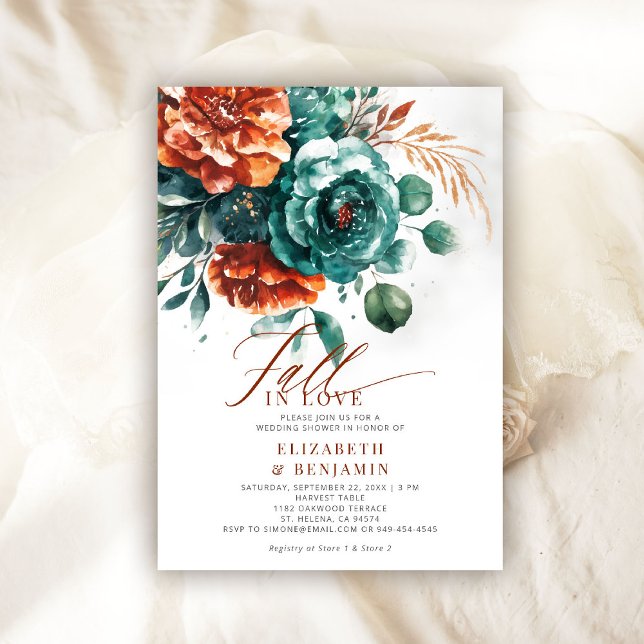 Convite Chá de panela de Casamento Laranja Queimado com Te (fall in love wedding shower invitation teal burnt orange terracotta watercolor calligraphy rustic)