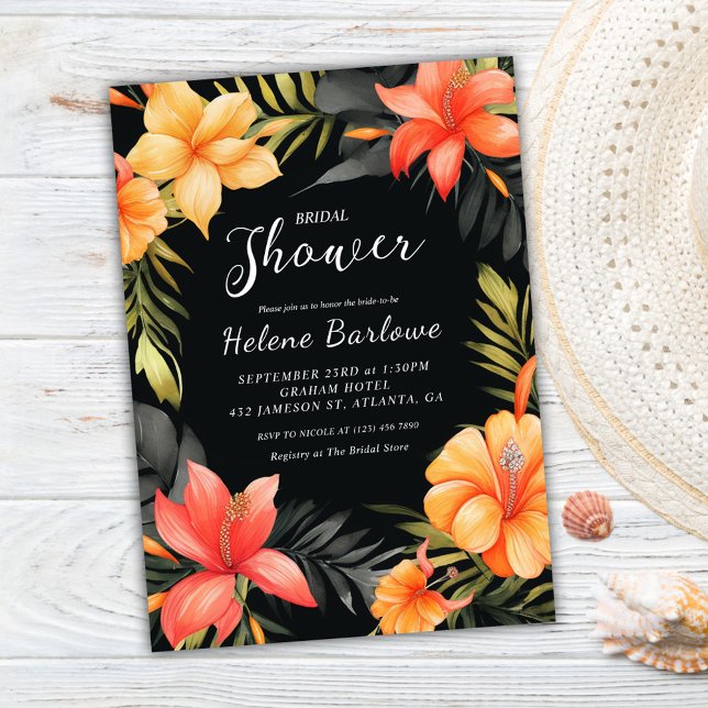 Convite Chá de panela de Casamento Tropical Negro (Black Tropical Wedding Bridal Shower Invitation)