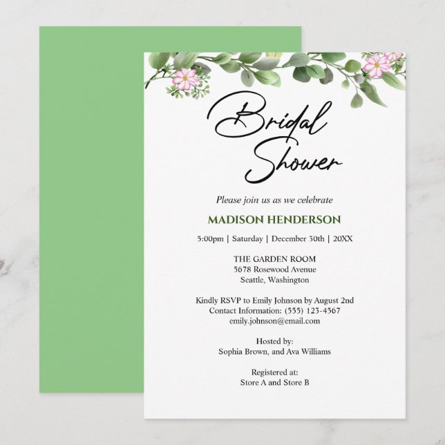 Convite Chá de panela de Casamento Verde Elegante e Floral (Frente/Verso)