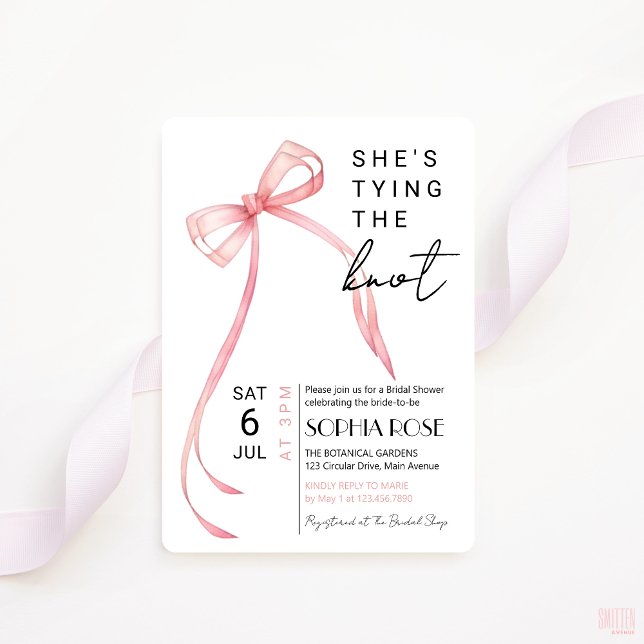 Convite Chá de panela de Casando (shes tying the knot bridal shower invitation pink ribbon bow coquette theme)