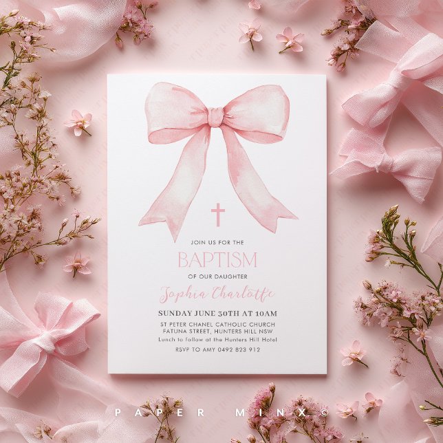 Convite Chá de panela de Casando de Arco cor-de-rosa (Pink Bow Baptism Invitation )