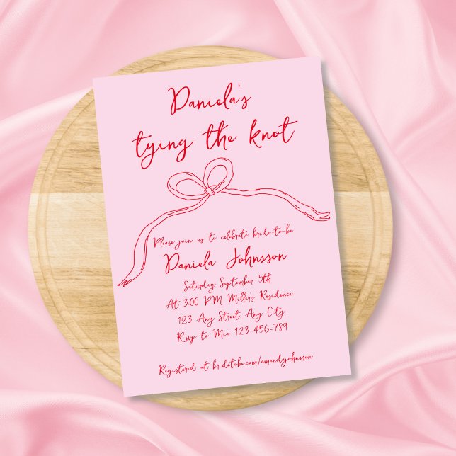 Convite Chá de panela de Casando rosa com Arco desenhado à (Hand Drawn Bow Pink Tying The Knot Bridal Shower Invitation)