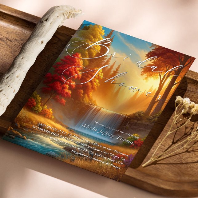 Convite Chá de panela de cascata do outono Elegante (Elegant Autumn Waterfall Bridal Shower Invitation)