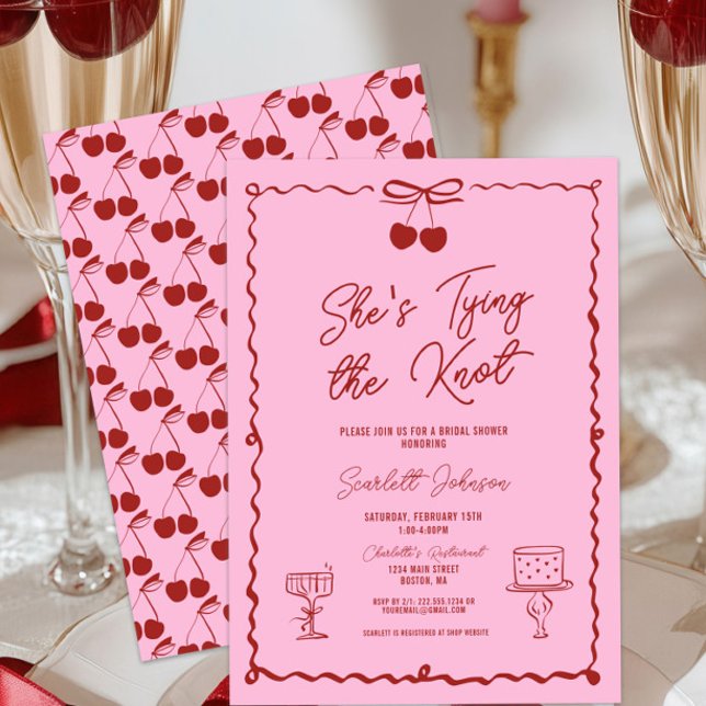 Convite Chá de panela de cereja do Arco rosa e vermelho (She's Tying the Knot Red and Pink Hand Drawn Cherry Bridal Shower Invitation, Chic Elegant Modern )