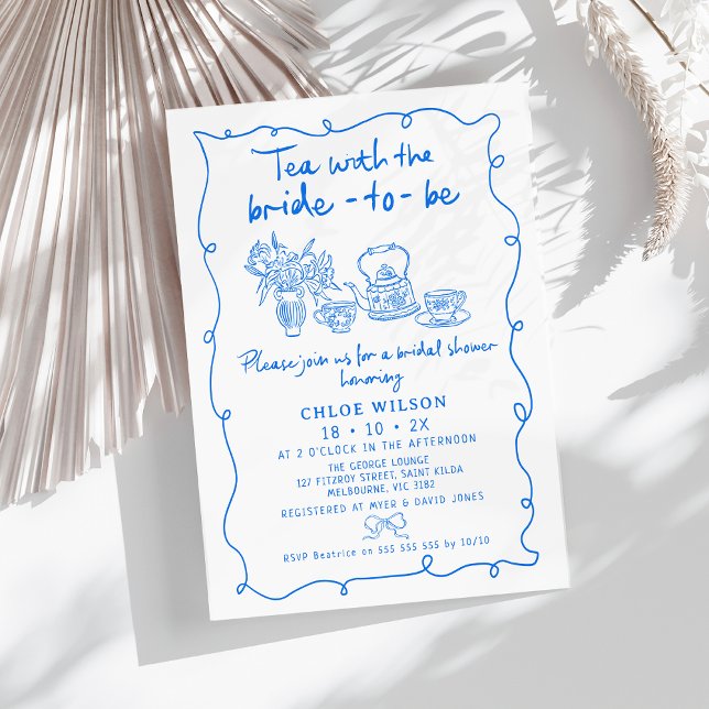Convite Chá de panela De Chá Branco Azul Desenhado À Mão (Whimsical Hand Drawn Tea Bridal Shower Invitation Blue,
Tea Bride to Be Bridal Shower, Tea cups)