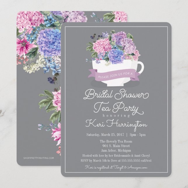 Convite Chá de panela de Chá com Hydrangeas (Frente/Verso)