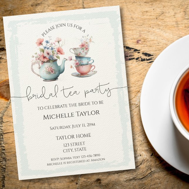 Convite Chá de panela de Chá de Aquarela Whimsical (vintage teapot and tea cups with flowers bridal shower invitation)