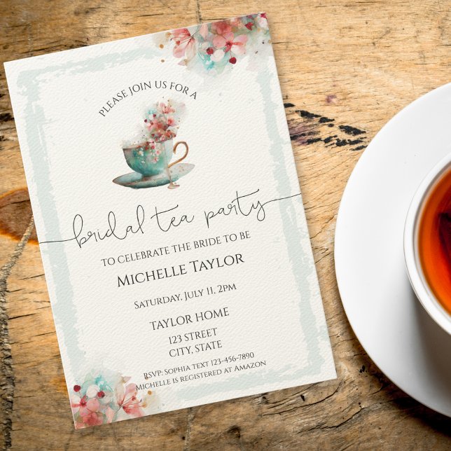 Convite Chá de panela de Chá de Aquarela Whimsical (blue watercolor tea cup with flowers bridal shower invitation)