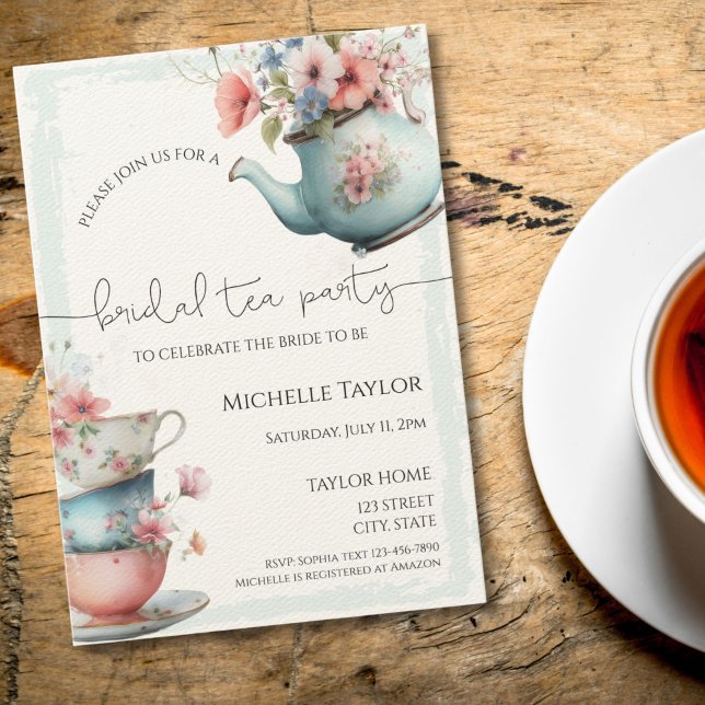 Convite Chá de panela de Chá de Aquarela Whimsical (vintage watercolor teapot and teacups with flowers bridal shower invitation)