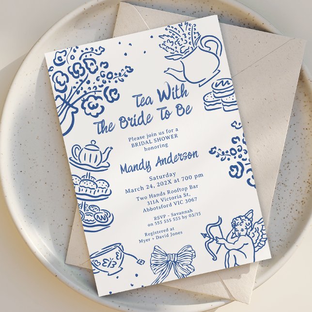 Convite Chá de panela De Chá De Cherub, Desenhado À Mão Az (Hand Drawn Tea Bridal Shower Invitation, Bridal Shower Tea Invitations, Hand Drawn Bridal Tea Invite)