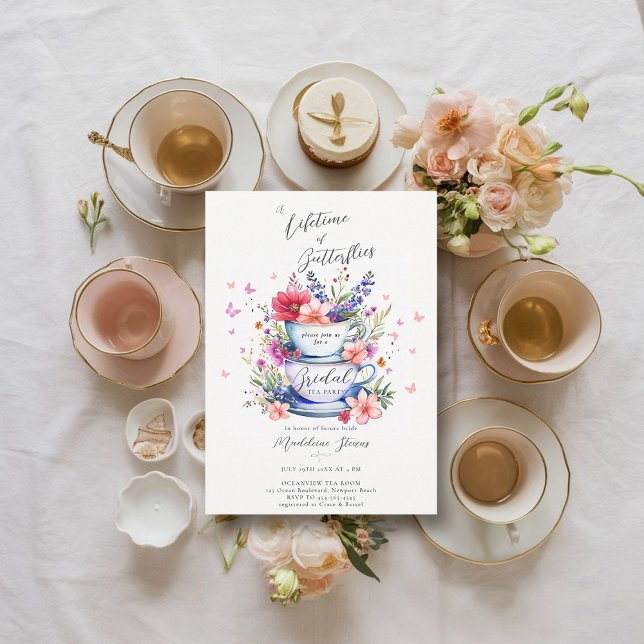 Convite Chá de panela de chá de jardim selvagem borboletas (bridal garden tea party invitation lifetime of butterflies wildflowers tea set elegant boho romantic)