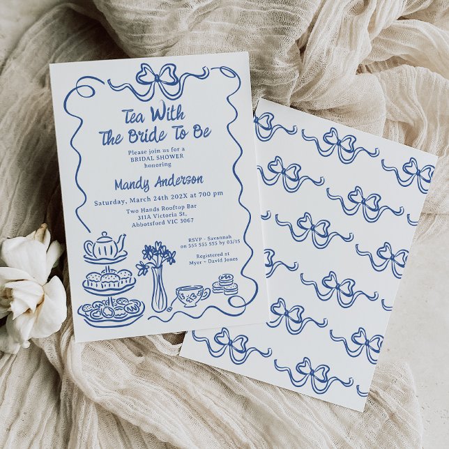Convite Chá de panela De Chá Desenhado À Mão Azul Whimsica (Blue Hand Drawn Tea Bridal Shower Invitation Template, Whimsical Tea with Bride To Be Bridal Shower )