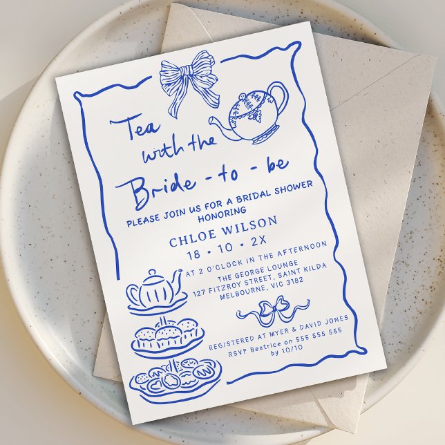 Convite Chá de panela De Chá Desenhado À Mão Azul Whimsica (Blue Hand Drawn Bridal Tea Invitation, Tea with the Bride to Be Invite, Whimsical Tea Bridal Shower )