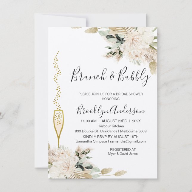 Convite Chá de panela de champanhe Beige Green Boho Brunch (Frente)