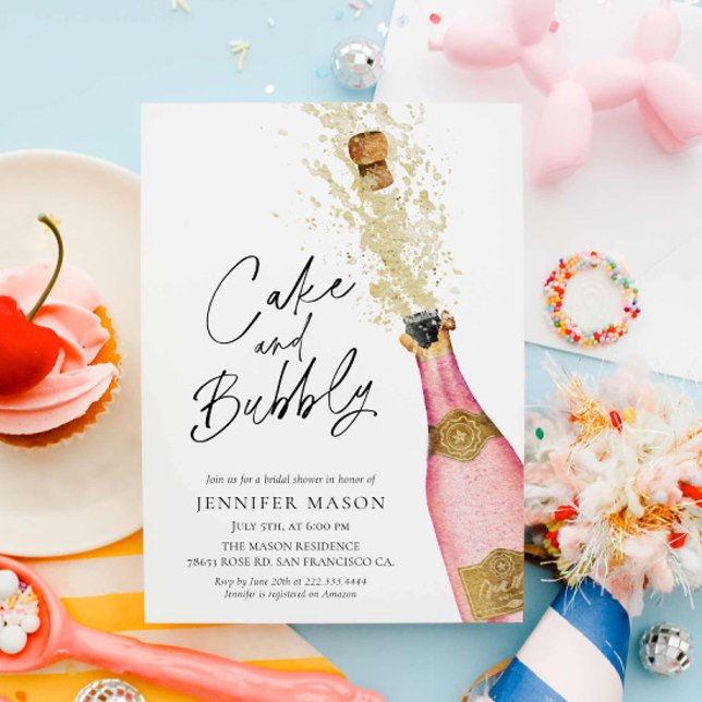 Convite Chá de panela de champanhe Bolo e Borracha (Pink Bubbly Bridal Shower Invitation)