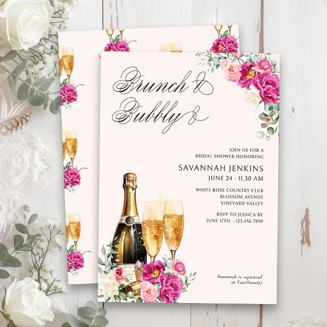 Convite Chá de panela de champanhe Brunch e Borracha Rosa (Brunch & Bubbly Champagne Bridal Shower Invitation on blush pink)