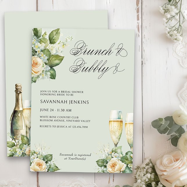 Convite Chá de panela de champanhe de Rosa Brunch e Bubble (Brunch & Bubbly Champagne Bridal Shower Invitation on light sage green)