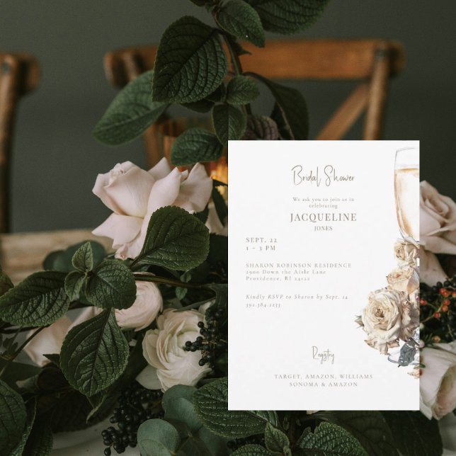 Convite Chá de panela de champanhe de Rosas Secos Brancos  (Criador carregado)