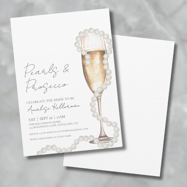Convite Chá de panela de Champanhe Elegante Pearls & Prose (Elegant Pearls & Prosecco Champagne Bridal Shower Invitation)