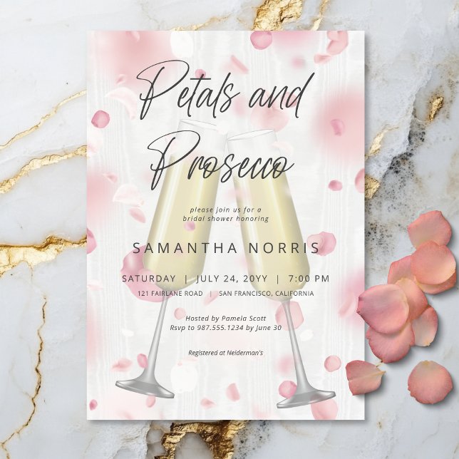 Convite Chá de panela de Champanhe Moderno e Prosecco (Modern Champagne Petals & Prosecco Bridal Shower Invitation)