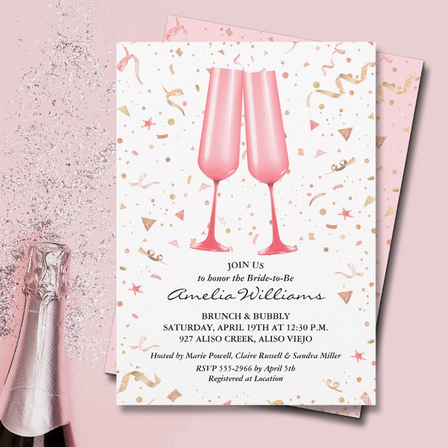 Convite Chá de panela de Champanhe Rosa (Pink champagne glasses and streamers bridal shower invitations)