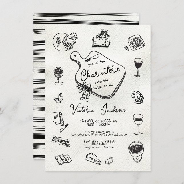 Convite Chá de panela de Charcuterie Desenhado à Mão (Frente/Verso)