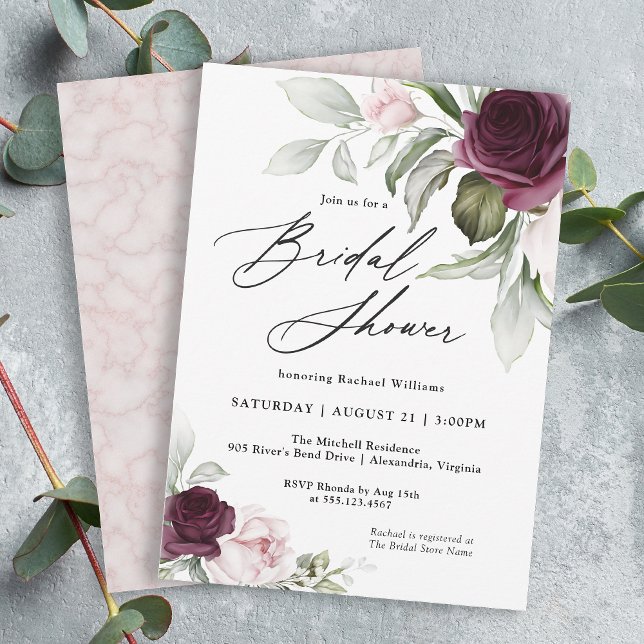 Convite Chá de panela de Charme Botânico Rosa e Plum (A feminine elegant botanical bridal shower invitation to personalize for your shower.)