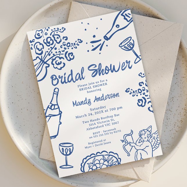 Convite Chá de panela de Cherub Desenhado à Mão Azul Whims (Hand Drawn Bridal Shower Invitation, Bridal Shower Invitations, Hand Drawn Bridal Invitation Blue)