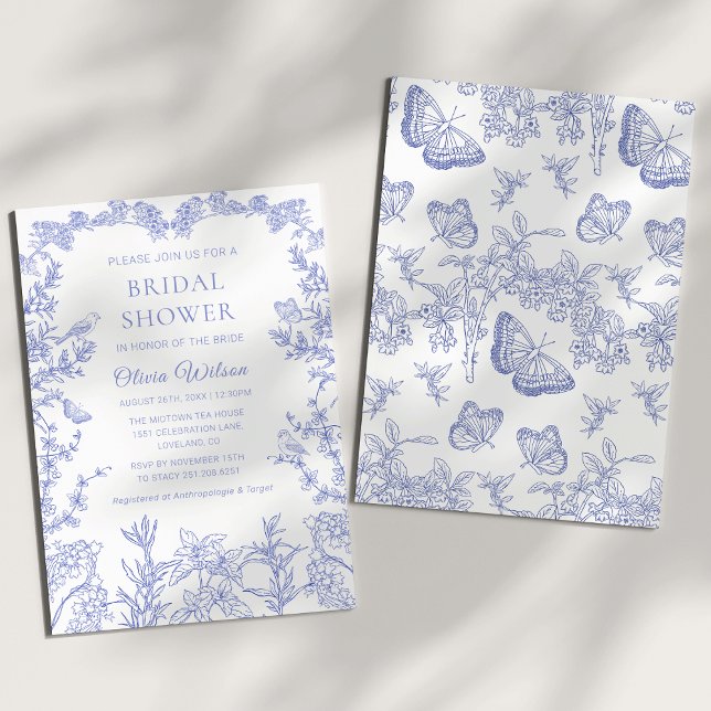 Convite Chá de panela de Chinoiserie do Jardim Balnear Azu (Cobalt Blue whimsical Chinoiserie Floral Bridal Shower Invitation)