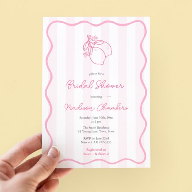 Convite Chá de panela de citrinos cor-de-rosa (Pretty pink and white doodles citrus lemon bridal shower invitation with modern wavy border)