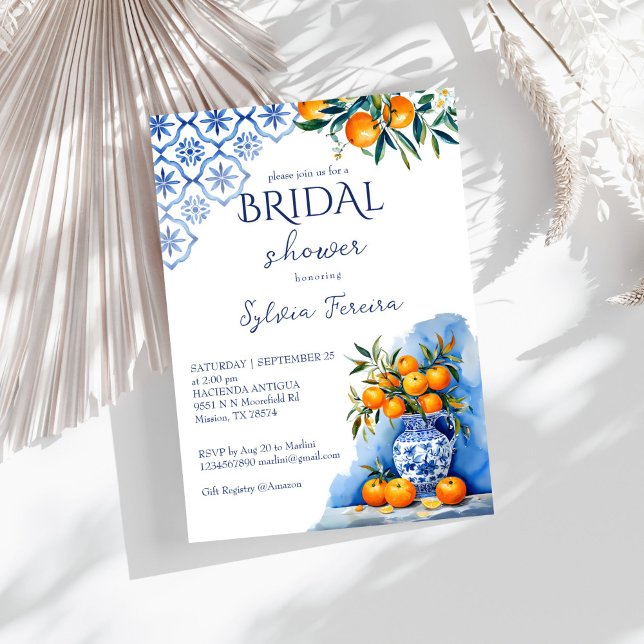 Convite Chá de panela de citrinos de chinoiserie azul de T (Talavera blue chinoiserie citrus oranges summer bridal shower invitation template instant download)