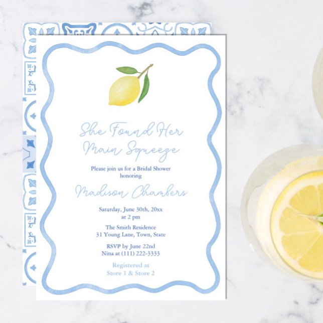 Convite Chá de panela de Citros de Borda ondulada principa (Squiggle border Main Squeeze Bridal Shower invitation in blue and white with simple single lemon)