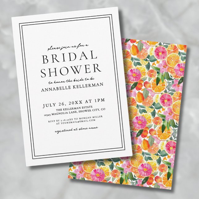 Convite Chá de panela de Citros Floral Elegante (Elegant Floral Citrus Bridal Shower Invitation)