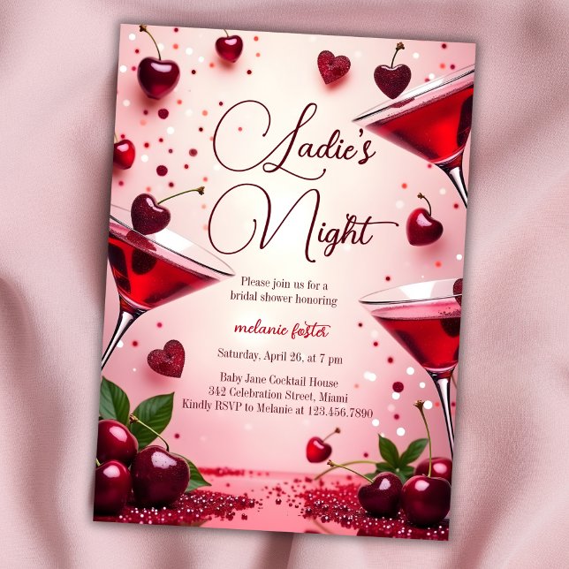 Convite Chá de panela de Cocktail de Cereja Noturna (Elegant Ladies' Night Bridal Shower Invitation with Cherry Cocktail Theme)