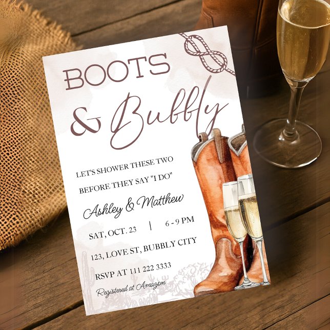 Convite Chá de panela de código do Casal Ocidental de inic (Boots Bubbly Western Couple Coed Bridal Shower Invitation)