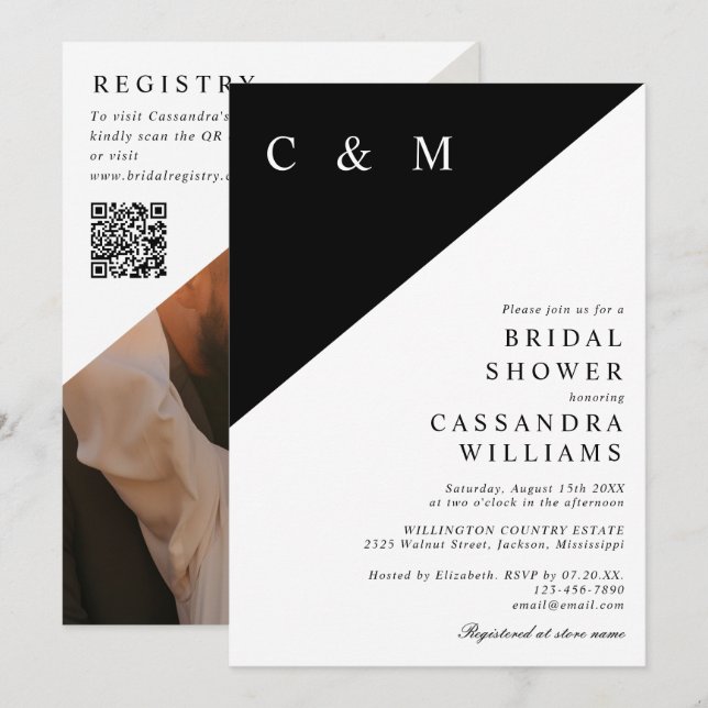 Convite Chá de panela de Código QR de Foto do Monograma El (Frente/Verso)