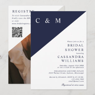 Convite Chá de panela de Código QR de Foto Elegante Azul-m