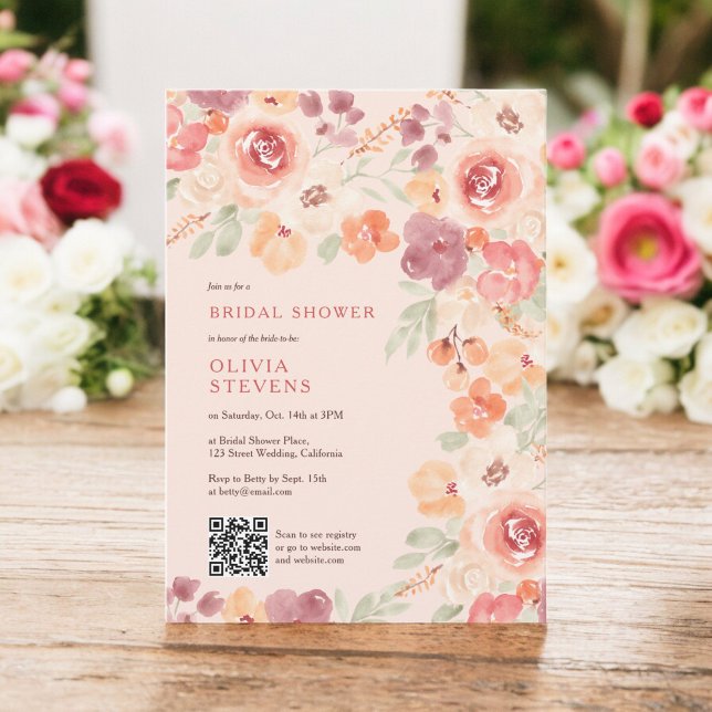 Convite Chá de panela de código qr do pêssego de queda de  (Boho rustic fall peach blush qr code bridal shower invitation on blush)