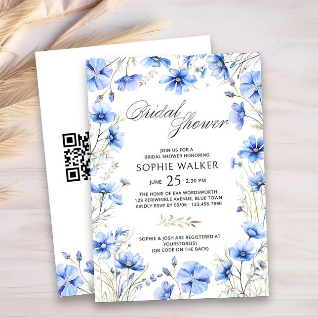 Convite Chá de panela de Código QR Floral Azul Elegante (Something Blue Bridal Shower Invitation with QR Code and Floral Frame)