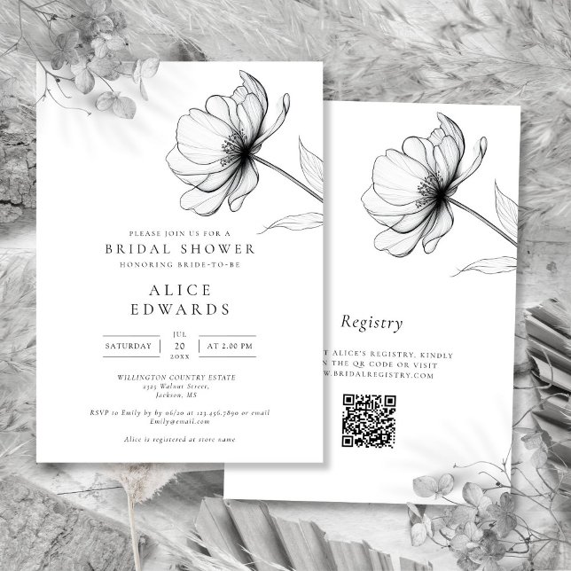 Convite Chá de panela de Código QR Floral de Chic Minimali (Minimalist Chic Floral QR Code Bridal Shower Invitation)