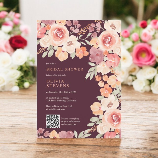 Convite Chá de panela de código qr plum plum de queda rápi (Boho rustic fall peach blush qr code bridal shower invitation)