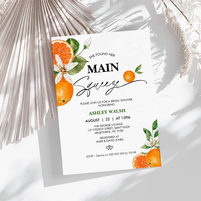 Convite Chá de panela de compressão principal de laranja d (Oranges She Found Her Main Squeeze Bridals Shower Invitation, Citrus Bridal Shower Invitation,)